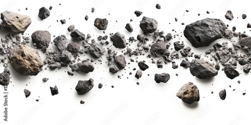 Fototapete scattered dark gray volcanic rocks on a white background with varying sizes and textures creating a 