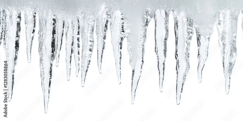 Fototapete icicles hanging from a snowy eave against a bright white background featuring various lengths and sh