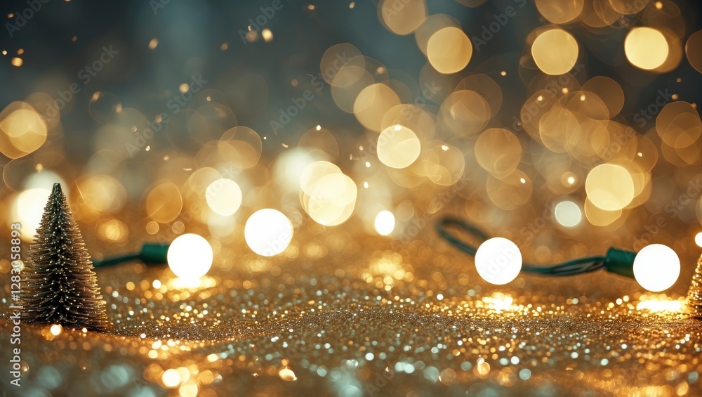 Poster gold glittering abstract background with festive bokeh lights and a small christmas tree creating a 