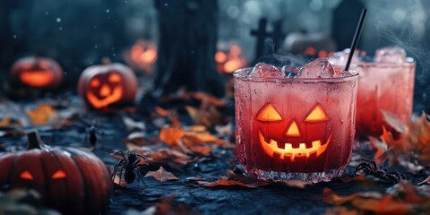 Halloween themed cocktail drinks in foreground with glowing jack-o'-lanterns in background among autumn leaves and misty atmosphere.