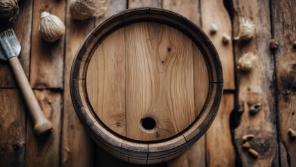 Wooden barrel on rustic wooden surface surrounded by natural materials and tools for craftsmanship