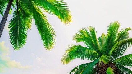 Fototapeta premium Two lush palm trees with vibrant green leaves against a softly lit sky in a tropical setting.