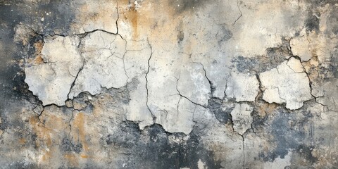 Obraz premium Textured cracked wall with gray and beige hues, showcasing deep fissures and a weathered appearance, ideal for backgrounds or artistic projects.