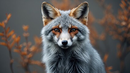 Fototapeta premium Silver fox portrait showcasing distinct grey fur with warm orange accents against a blurred natural backdrop ideal for nature and wildlife themes.