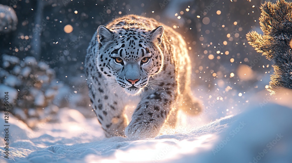 Canvas Prints snow leopard resting in a high altitude snowy landscape with its powerful predator eyes and thick fu