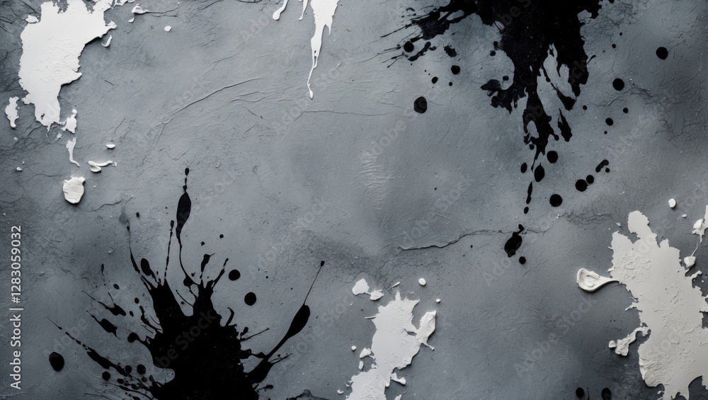 Aufkleber abstract gray background with textured surface featuring black and white paint splatters and stains 
