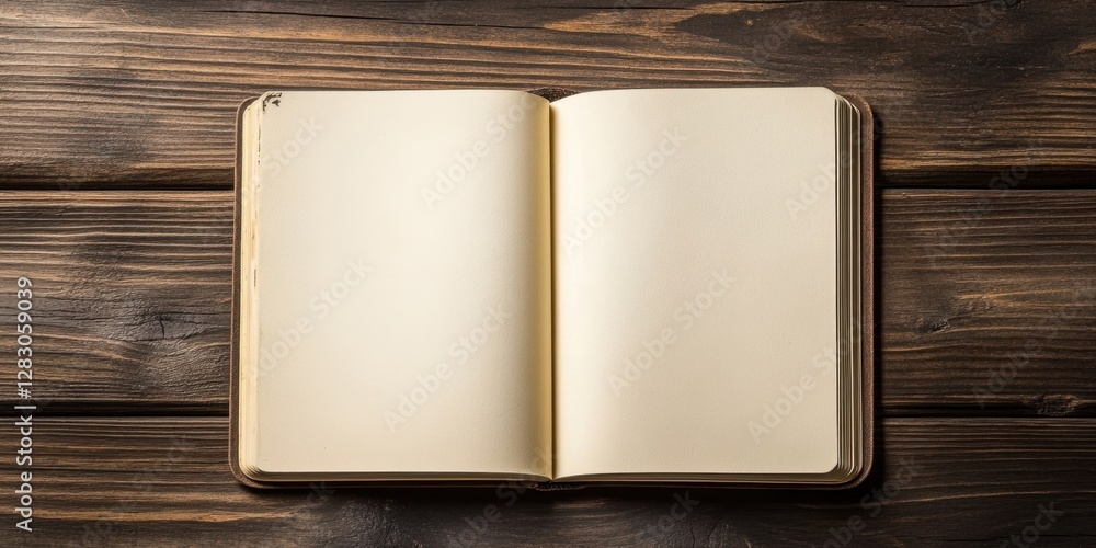 Leinwandbilder open blank notebook on a wooden table with rich brown tones; pages positioned towards the viewer, sh