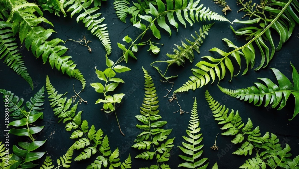 Aufkleber assorted green ferns arranged on dark background for natural botanical composition and design use