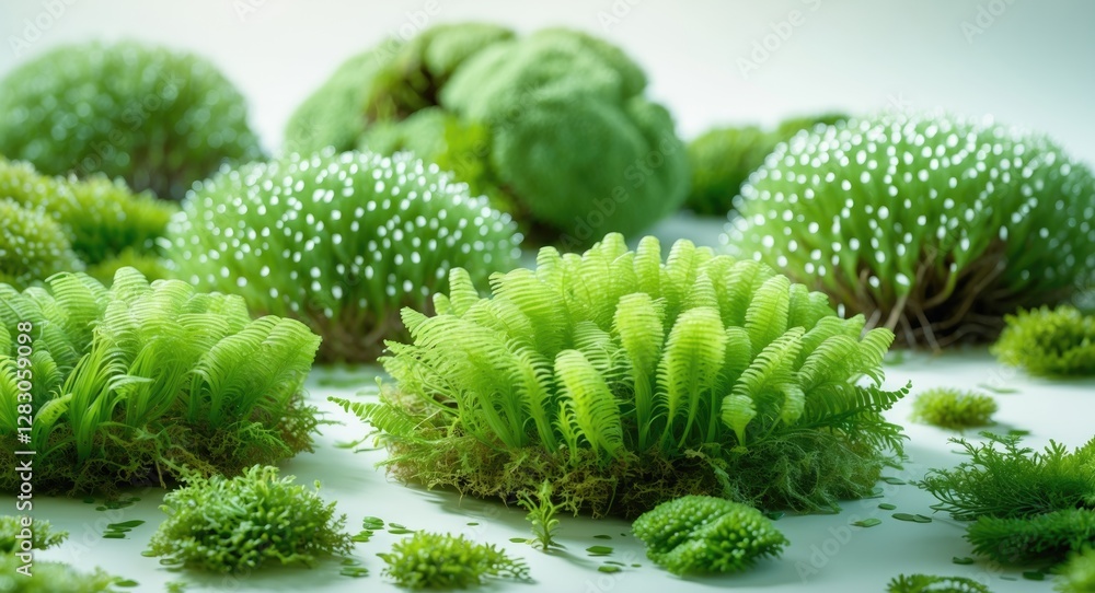 Poster vibrant green sphagnum moss clusters showcasing intricate textures and patterns on a bright white ba