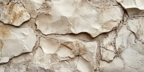 Fototapeta premium Beige roughcast exterior wall texture featuring irregular stone shapes and varying shades of cream and tan, creating a rustic and aged appearance.