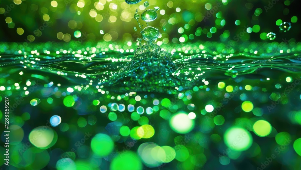 Poster lush green bokeh background with shimmering water droplets creating a vibrant nature-inspired atmosp