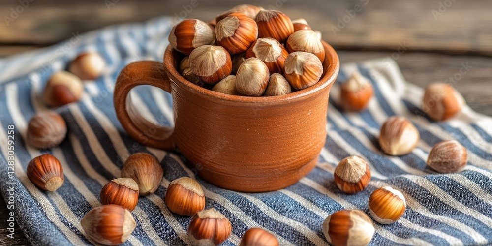 Aufkleber Clay mug overflowing with hazelnuts on a striped blue towel arranged on a rustic wooden table with scattered hazelnut shells creating a warm ambiance