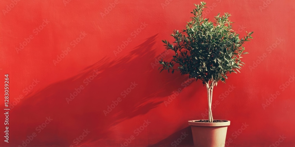 Aufkleber pepper tree in a beige pot positioned to the left against a vibrant red wall casting soft shadows fo