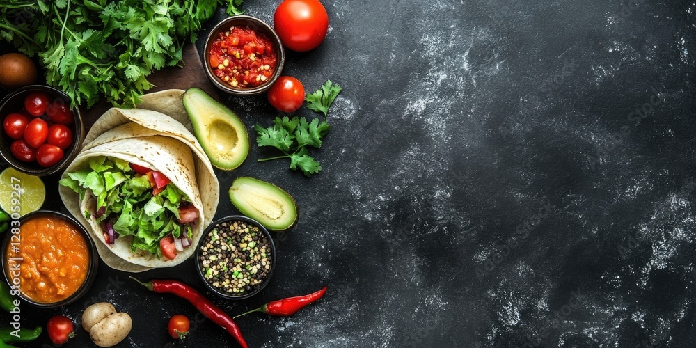 Poster fresh ingredients for a burrito arranged on a dark stone background with space for text including to