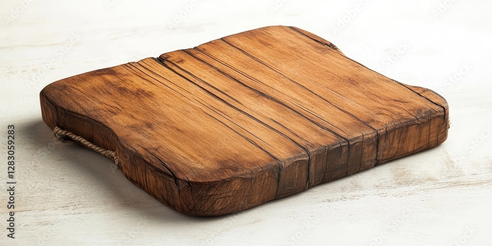 Poster rustic wooden cutting board with a natural finish positioned diagonally on a light textured backgrou