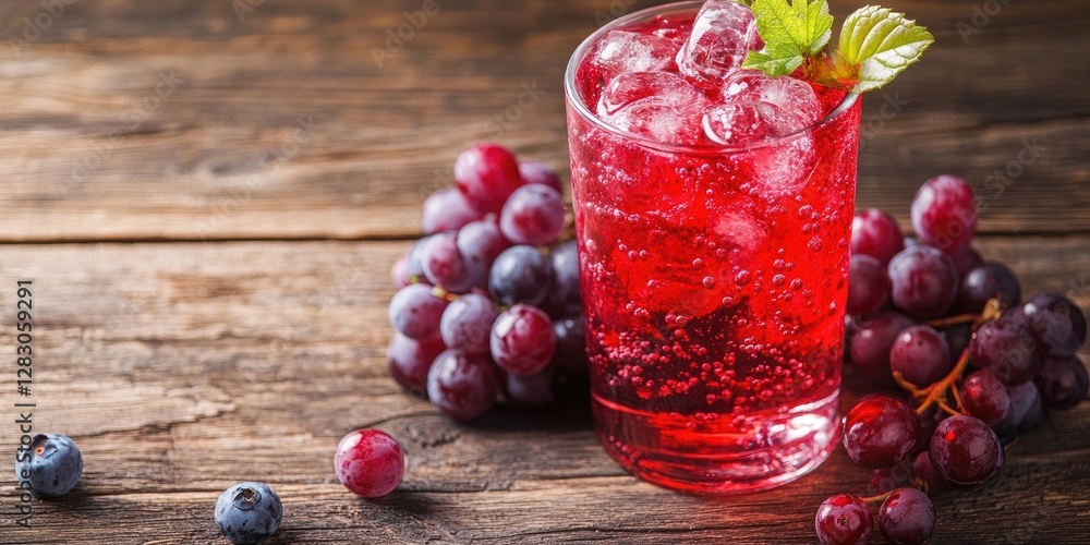 Poster refreshing grape soda with ice cubes in a glass, garnished with mint, surrounded by dark and light g