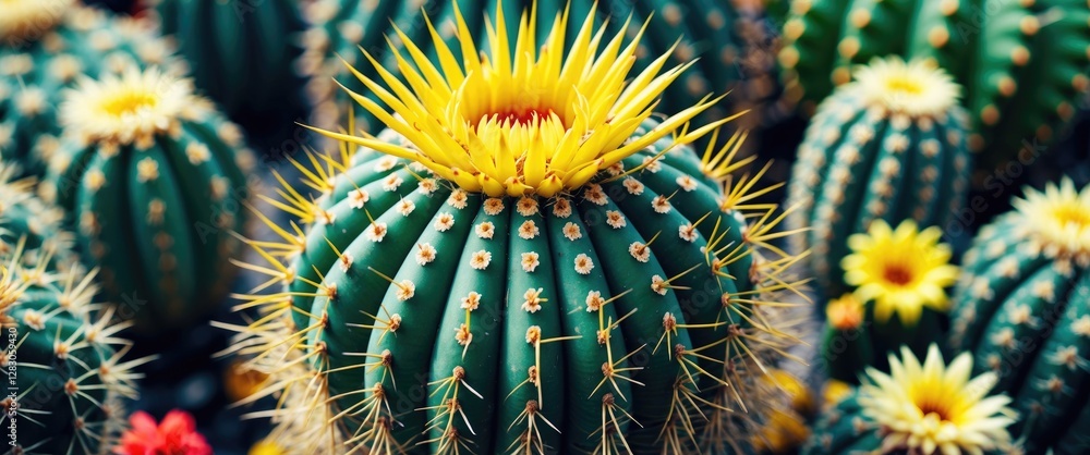 Aufkleber close-up of flowering cactus with bright yellow blooms and sharp spines against a blurred background