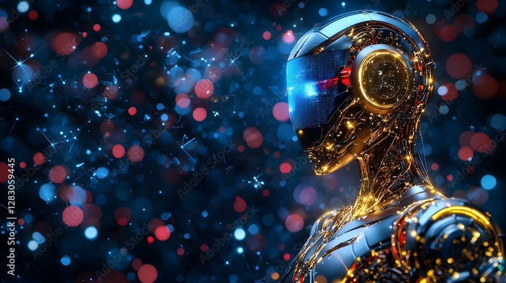 Poster sleek humanoid robot operating holographic controls futuristic digital space sci-fi environment side