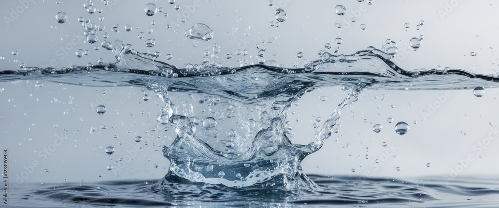 Poster water splash in a calm body of water with droplets rising and falling creating ripples and reflectio