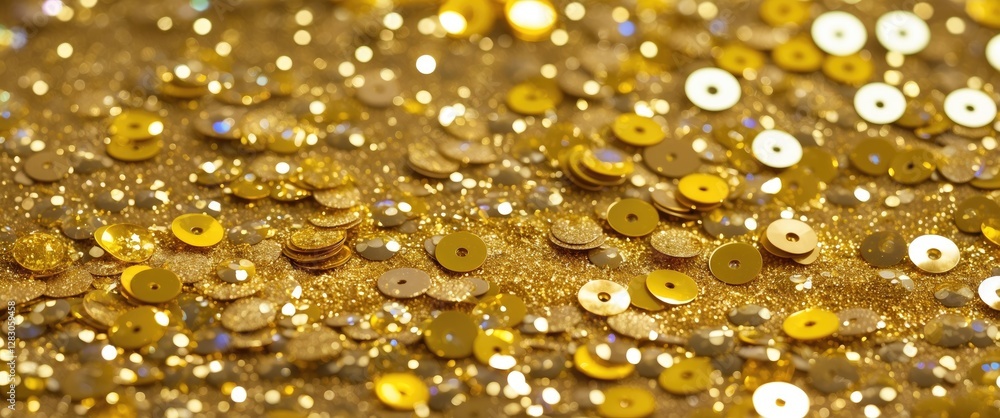 Poster glittering golden sequins texture with shimmering dust creating a luxurious sparkling background for