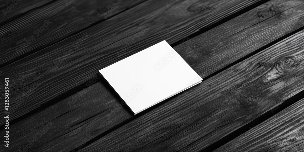 Poster minimalistic mockup of a blank business card on dark wooden planks with a black and white gradient t