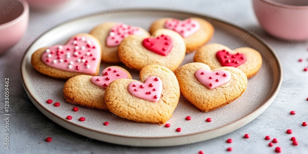 Aufkleber assorted heart-shaped cookies with pink icing and red sprinkles arranged on a light gray plate with 