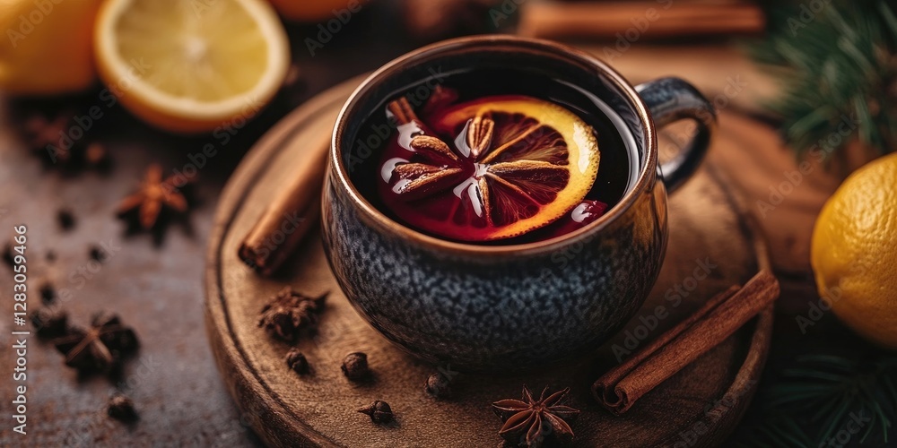 Poster warm spiced mulled drink with orange slices in dark mug on wooden surface surrounded by cinnamon sti
