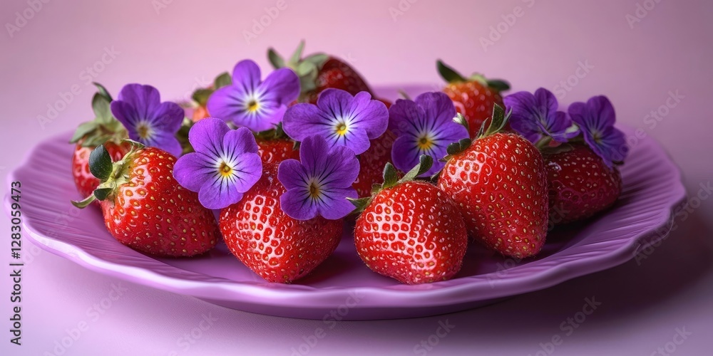 Aufkleber fresh strawberries adorned with vibrant purple flowers arranged on a soft violet plate against a gen