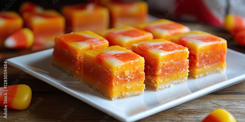 Poster colorful candy corn fudge squares arranged neatly on a white plate with scattered candy corn pieces 