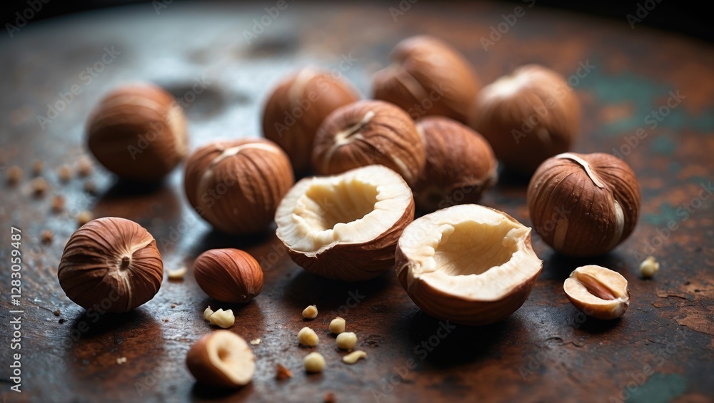 Poster hazelnut kernels and whole nuts scattered on rustic brown table with selective focus showcasing thei
