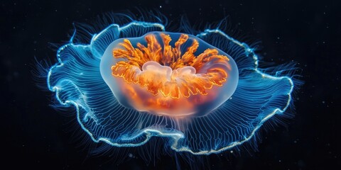 Fototapeta premium Vibrant jellyfish with glowing blue tentacles and an orange center floating against a dark background, showcasing intricate details and luminosity.