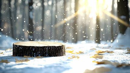 Winter forest scene with tree stump display; snowy ground, sunlight filtering through trees; ideal for product placement or seasonal design