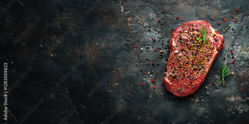 Poster Ribeye steak with colorful spices on dark stone background showing space for text with green herb accents on the left and center focus on meat