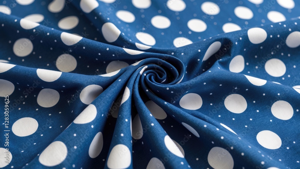 Poster blue fabric with white polka dots pattern curled in a spiral texture design background