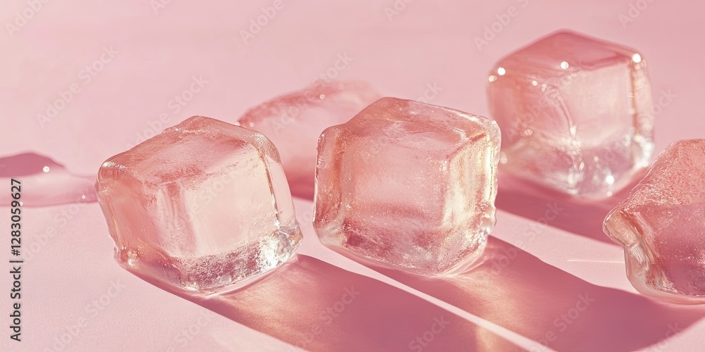 Aufkleber Ice cubes glistening on a soft pink background with subtle reflections and melting edges creating a fresh and modern aesthetic