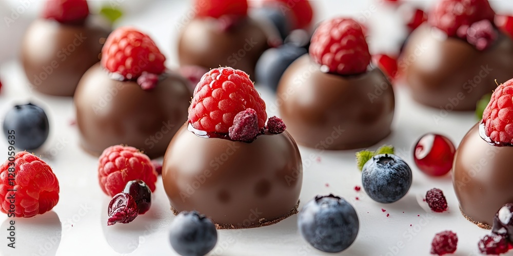 Poster decadent chocolate truffles topped with fresh raspberries and blueberries arranged artistically on a