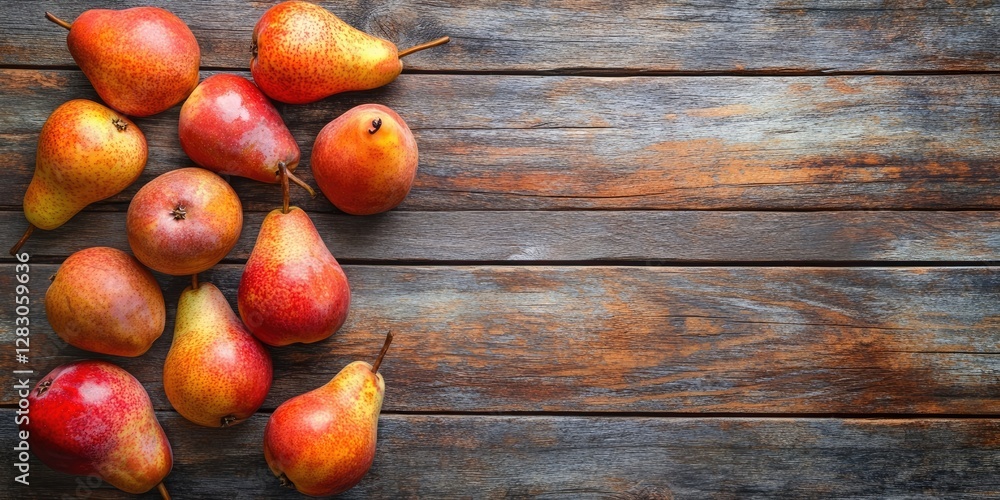 Poster ripe juicy pears in warm red and golden hues arranged artistically on a rustic wooden table with amp