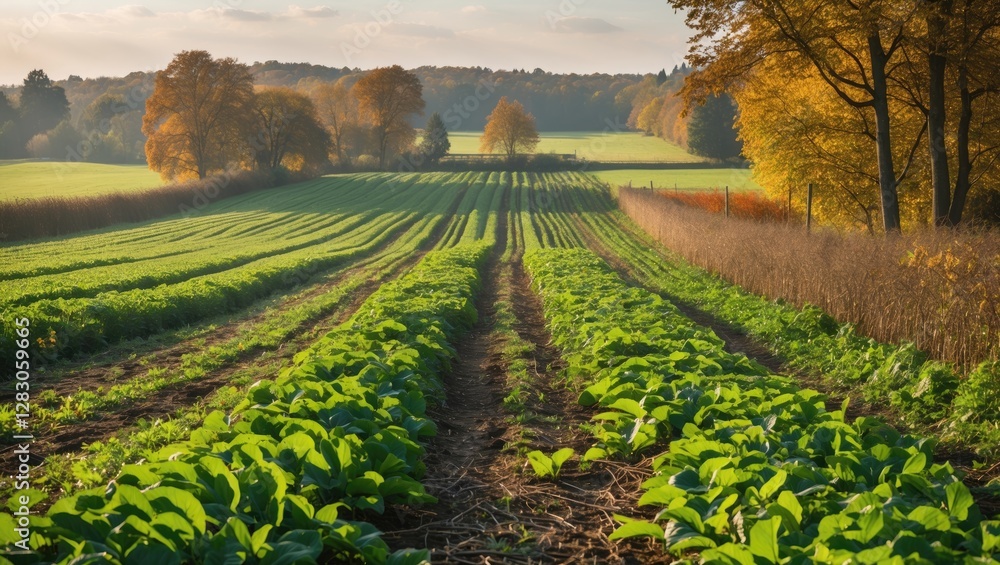 Aufkleber vibrant autumn farm landscape with lush green fields and colorful trees ideal for text addition and 