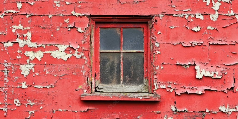Poster Peeling red paint on an aged building highlighting a weathered window with four panes set in the center creating a vintage atmosphere