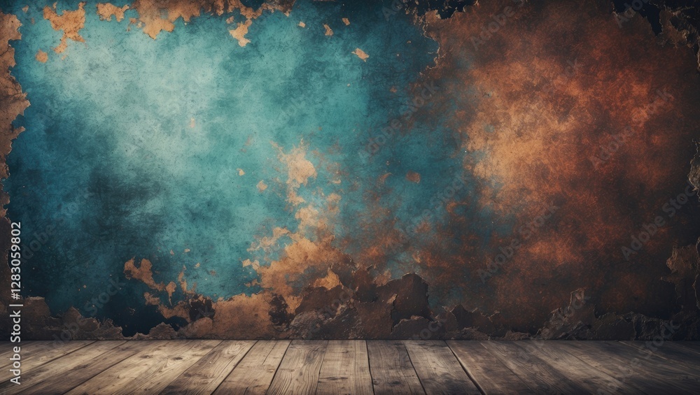 Poster rustic grunge backdrop with vibrant colors and wooden floor creating a perfect space for text or ima