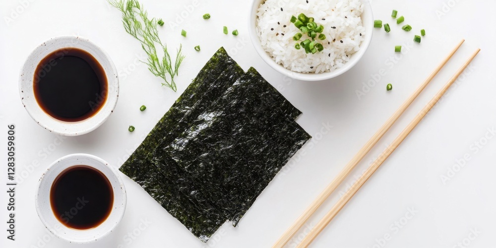 Poster nori sheets arranged with rice, soy sauce, and chopsticks on a white background, with green onions a
