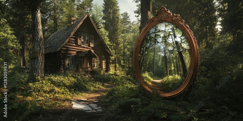 Poster rustic cabin nestled in lush green forest with intriguing broken mirror reflecting woodland path und