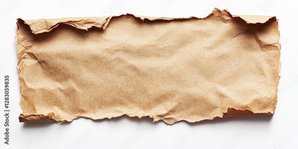 Aufkleber frayed brown paper sheet with a rough edge resting on a clean white background, showcasing natural t
