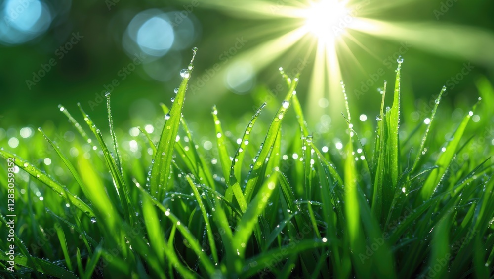 Poster lush green grass with dew drops illuminated by sunlight creating a serene natural backdrop in a blur