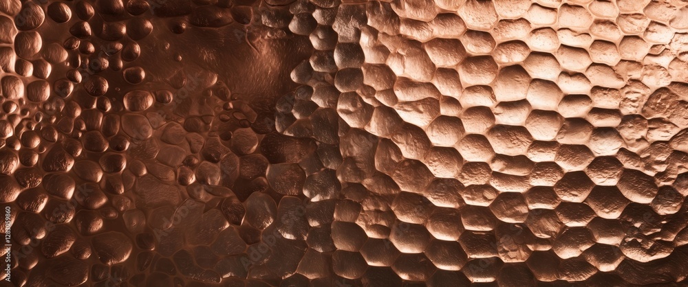 Poster hammered copper metal surface with varying textures and reflections creating a decorative background