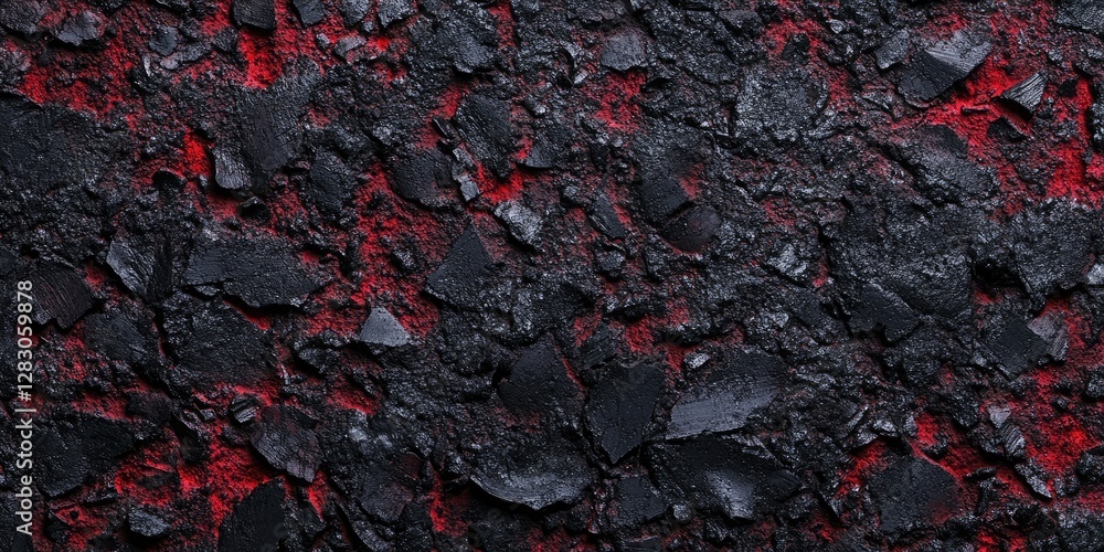 Fototapete Textured black and red abstract background featuring jagged, rough surfaces with a glossy finish, creating a striking contrast and depth.