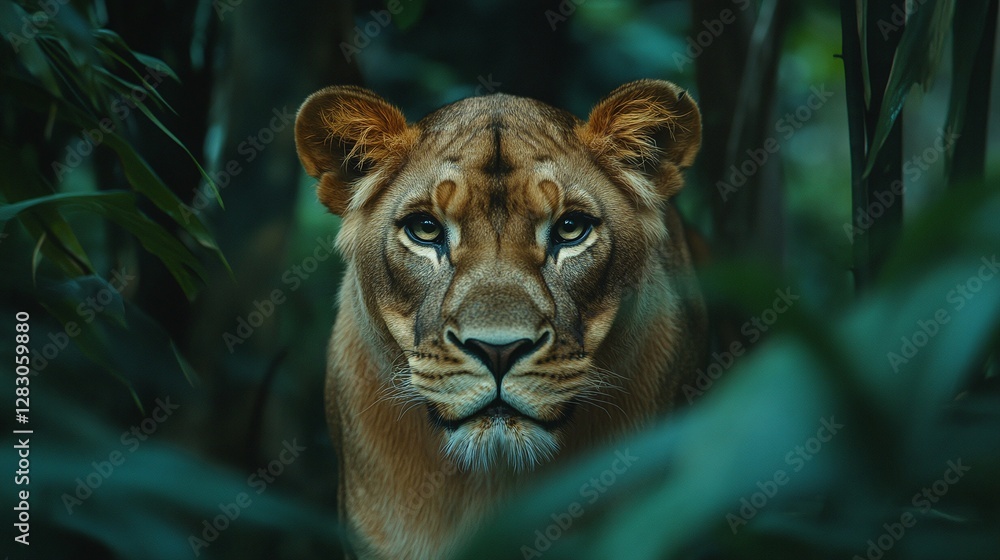 Wall mural big lion resting in a zoo setting with a fierce expression showing its strength as a wild predator i