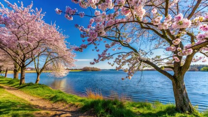 Spring blooms on the shores of Krakower See in Mecklenburg with blooming cherry blossoms and trees , mecklenburg