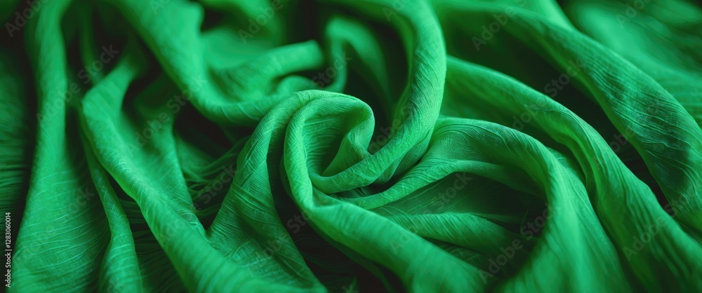 Poster lush green chiffon fabric texture with intricate folds and layers for elegant design backgrounds and