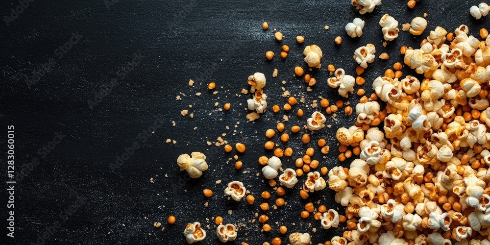 Poster colorful mix of popcorn and nuts spilling onto a textured black surface with ample space for text at